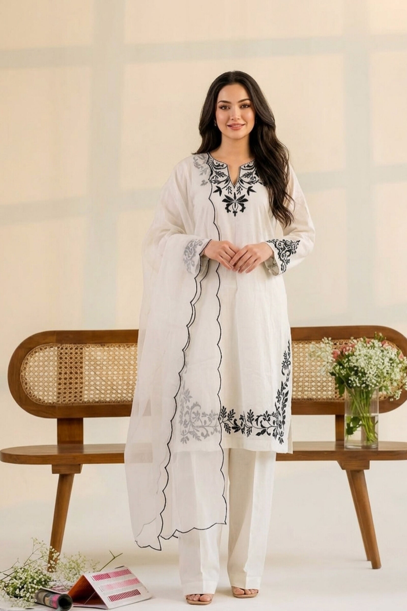 Sufaid Saaz 3-Piece – Embroidered Lawn & Scalloped Organza